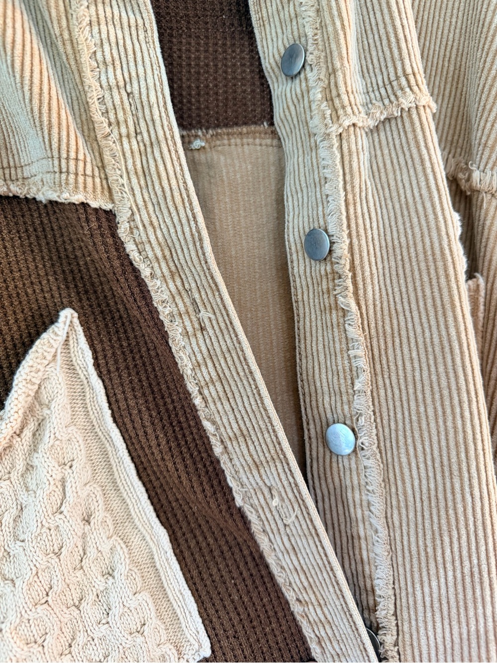 POL Two-Tone Corduroy & Cable Knit Shacket — Cream & Brown L - Picture 3 of 7